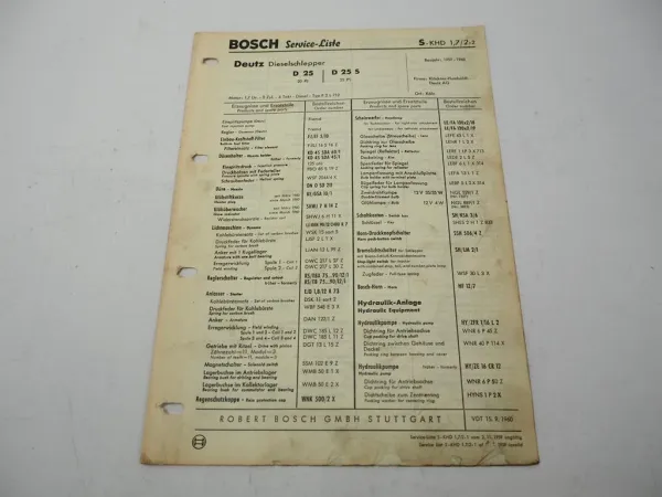 Original Bosch Service-Liste für Deutz D25 & D25 S Schlepper 1959-1960