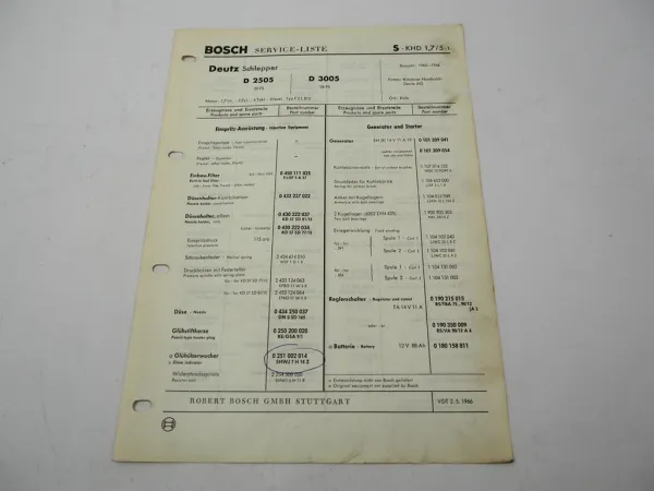 Original Bosch Service-Liste für Deutz D2505 D3005 Schlepper 1965-1966