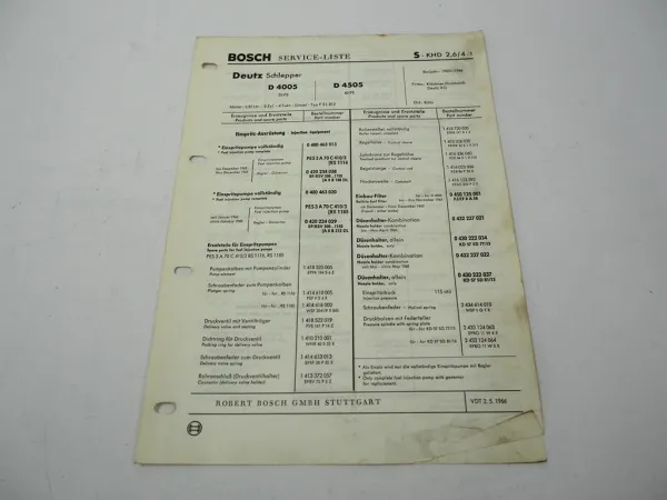 Original Bosch Service-Liste für Deutz D4005 D4505 Schlepper 1965-1966