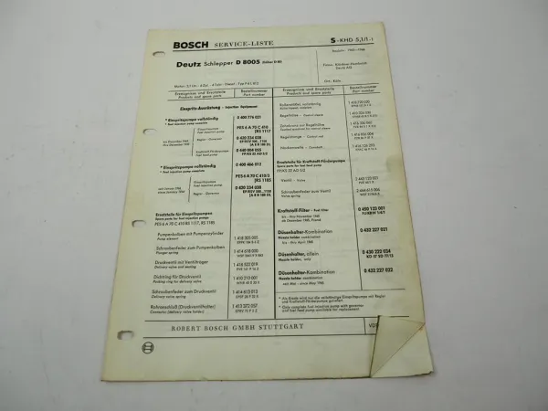 Original Bosch Service-Liste für Deutz D8005 Dieselschlepper 1965-1966