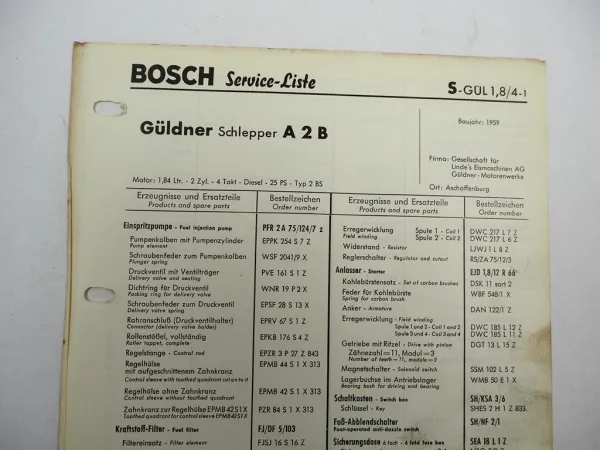 Original Bosch Service-Liste für Güldner Schlepper A2B BJ 1959