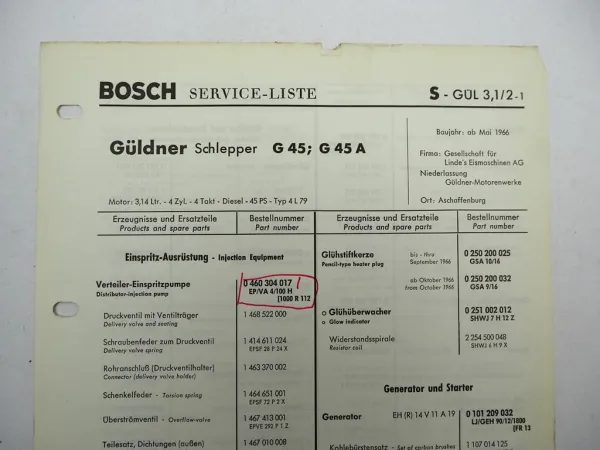 Original Bosch Service-Liste für Güldner Schlepper G45 G45A ab BJ 1966