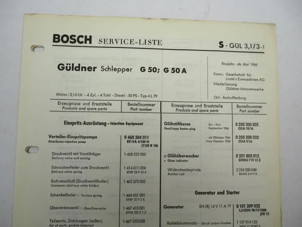 Original Bosch Service-Liste für Güldner Schlepper Gotland G50 G50A ab BJ 1966