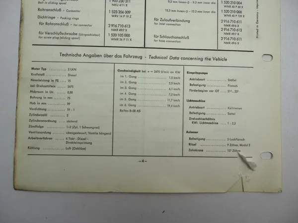 Original Bosch Service-Liste für Güldner Schlepper Spessart A2K BJ 1959-1964