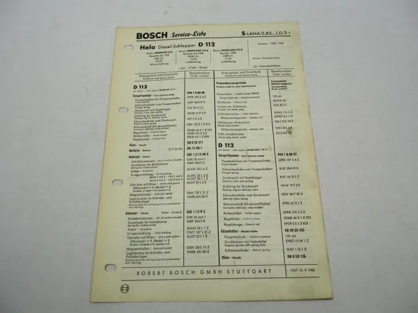 Original Bosch Service-Liste für Lanz Hela D112 Dieselschlepper 1958-1960