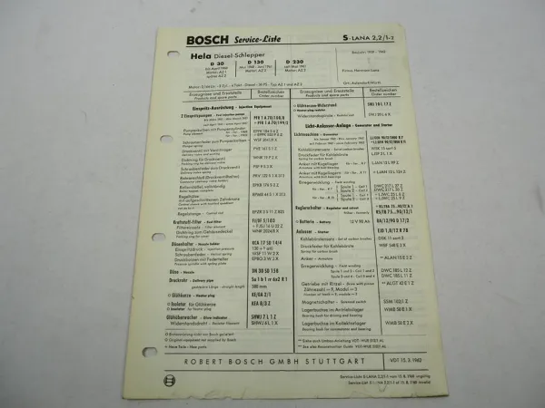 Original Bosch Service-Liste für Lanz Hela D30 D130 D230 Dieselschlepper 1959-62