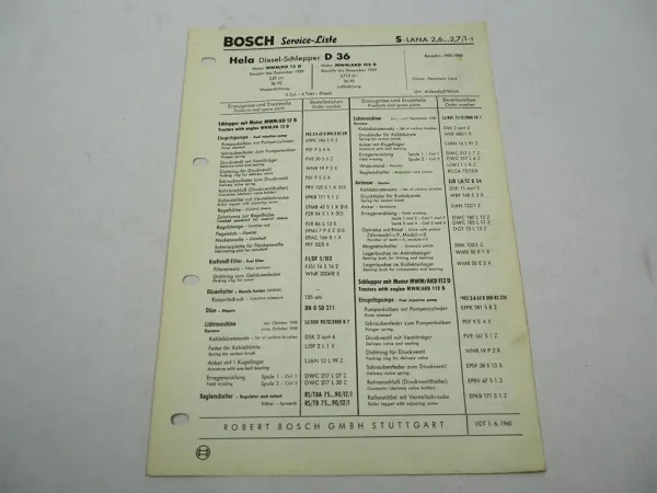 Original Bosch Service-Liste für Lanz Hela D36 Dieselschlepper 1958-1960