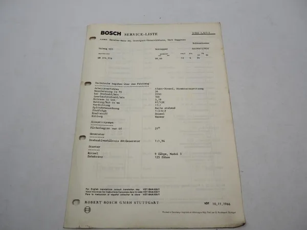 Original Bosch Service-Liste für Mercedes Benz Unimog 403 Schlepper 1966