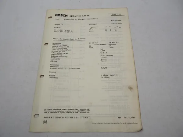 Original Bosch Service-Liste für Mercedes Benz Unimog 421 Schlepper 1966