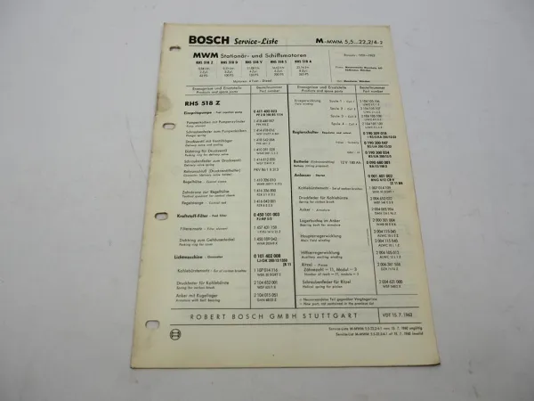 Original Bosch Service Liste für Motor MWM RHS 518 Z D V S A 1959-1963