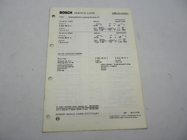Original Bosch Service Liste für Omnibus MAN 750 HO-SL mit Motor D0846HM95U 1969