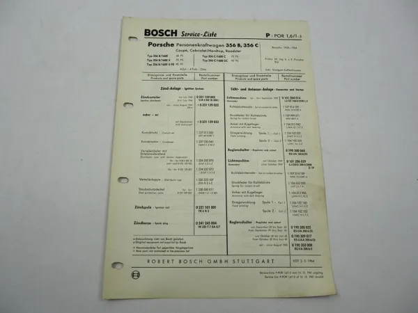 Original Bosch Service-Liste für Porsche PKW 356B 356C BJ 1959–1964