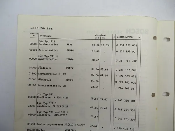 Original Bosch Service-Liste für Porsche PKW 911 911S BJ 1964/66