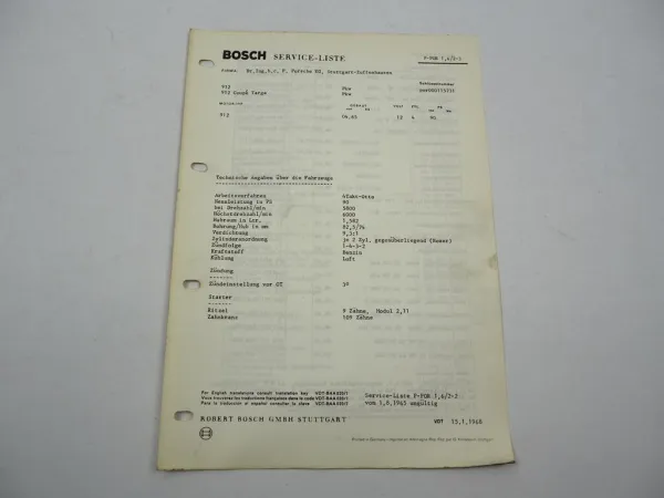 Original Bosch Service-Liste für Porsche PKW 912 Coupe Targa BJ 1965