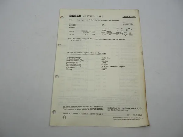 Original Bosch Service-Liste für Porsche PKW 912 Coupe Targa BJ 1968