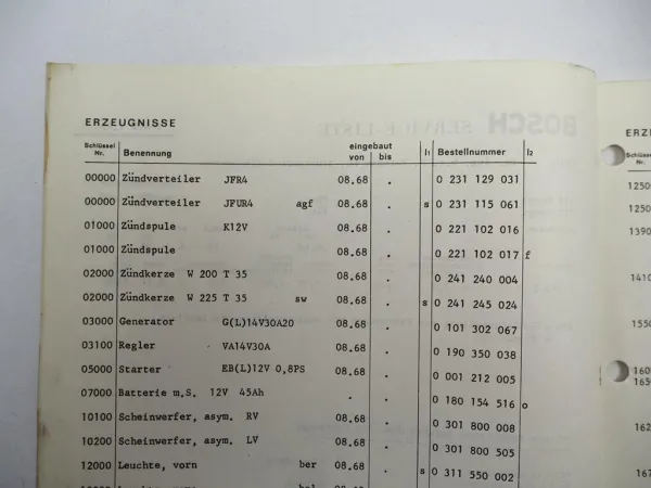 Original Bosch Service-Liste für Porsche PKW 912 Coupe Targa BJ 1968