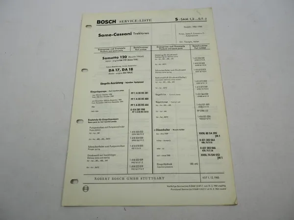 Original Bosch Service-Liste für Same Cassani Baureihe Traktoren 1956-1966