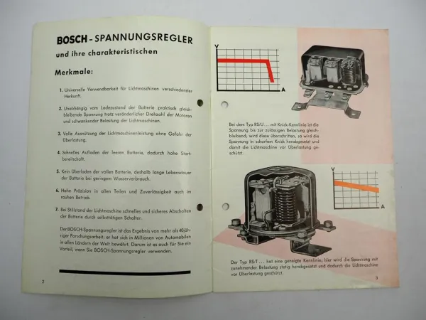 Original Bosch Spannungsregler Handbuch mit PKW Fahrzeug-Übersicht 1957