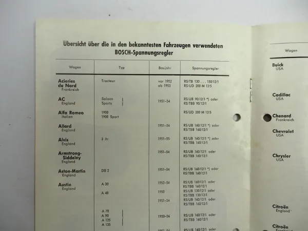 Original Bosch Spannungsregler Handbuch mit PKW Fahrzeug-Übersicht 1957