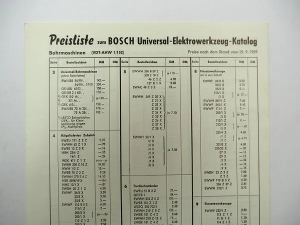 Original Bosch Universal Elektrowerkzeuge Katalog Preisliste 1959