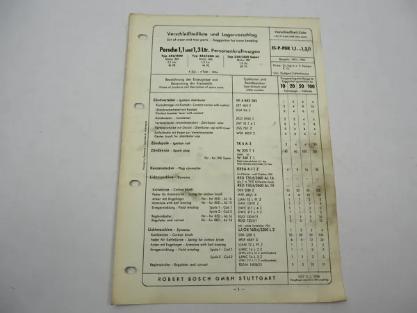 Original Bosch Verschleißteilliste für Porsche 356 1100 1300 BJ 1951–1955