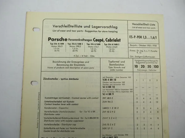 Original Bosch Verschleißteilliste für Porsche 356A 1300 1600 BJ 1955–1958