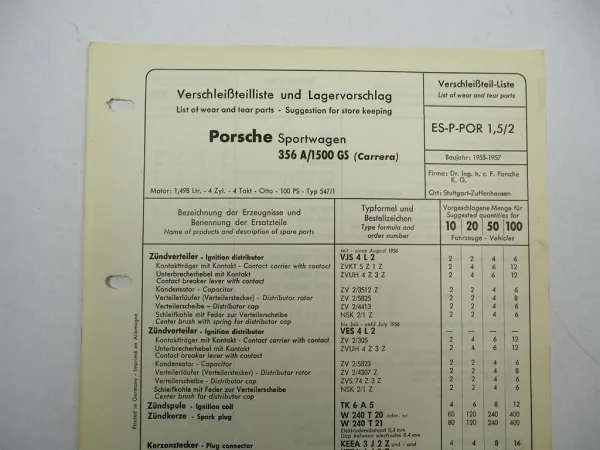 Original Bosch Verschleißteilliste für Porsche 356A/1500 GS Carrera BJ 1955–1957