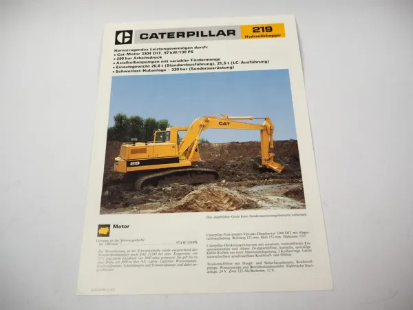 Original Caterpillar 219 Hydraulikbagger Prospekt mit technischen Daten 11/1987