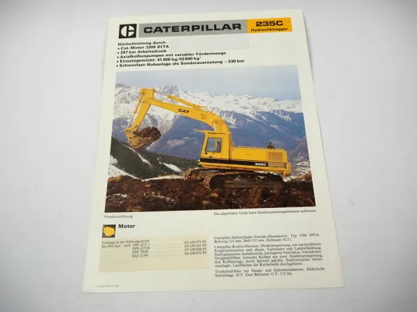 Original Caterpillar 235 C Hydraulikbagger Prospekt mit technischen Daten 1988