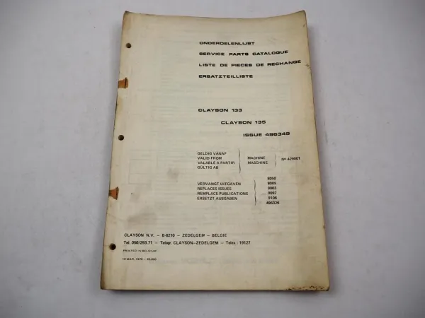 Original Clayson 133 135 Mähdrescher Ersatzteilliste Spare Parts List 1970
