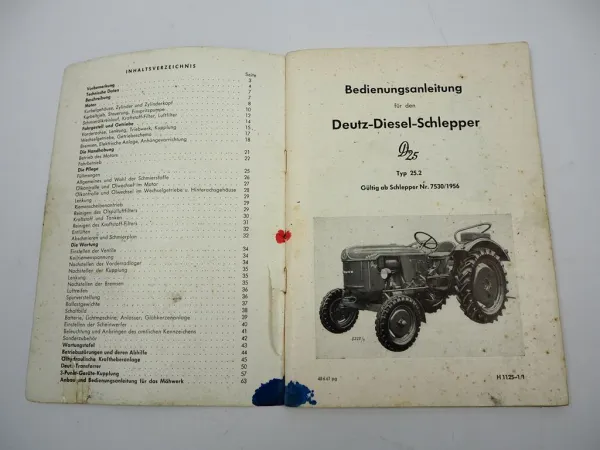 Original Deutz D25 Typ 25.2 Bedienungsanleitung Wartung Schaltplan 1961