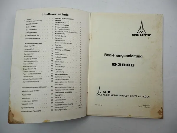 Original Deutz D3006 Schlepper Betriebsanleitung Wartung Schaltplan 1969