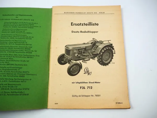 Original Deutz D40 Schlepper mit Motor F3L 712 Ersatzteilliste 1959