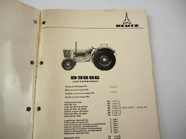 Original Deutz D9006 Schlepper Ersatzteilliste Teilenummernliste 1975 TN1008-1