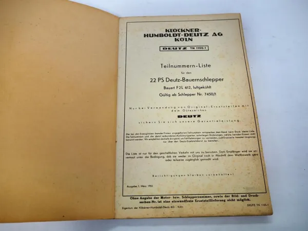 Original Deutz F2L 612 Bauernschlepper Ersatzteilliste Teilenummernliste 1955