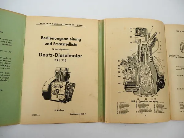 Original Deutz F2L 712 Dieselmotor Bedienungsanleitung Ersatzteilliste 1958