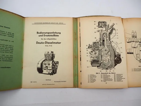 Original Deutz F2L 712 Dieselmotor Bedienungsanleitung Ersatzteilliste 1961