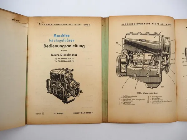 Original Deutz F4L F6L A4L A6L 514 Dieselmotor Betriebsanleitung Wartung 1957