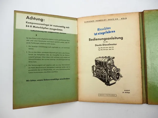 Original Deutz F4L F6L A4L A6L 514 Dieselmotor Betriebsanleitung Wartung 1960er