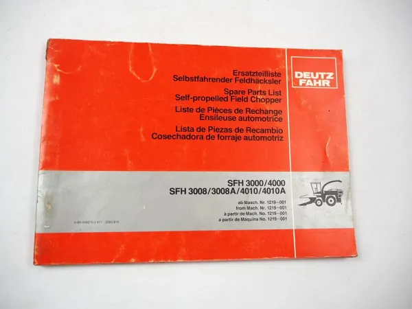 Original Deutz Fahr SFH 3000 4000 3008 4010 A Feldhäcksler Ersatzteilliste 1981