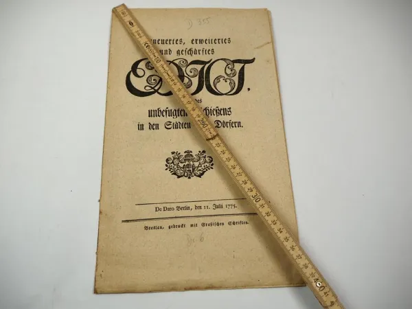 Original Edict wegen des Schiessens in Städten und Dörfern 1775 König Friedrich