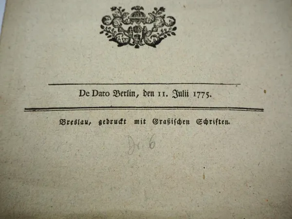 Original Edict wegen des Schiessens in Städten und Dörfern 1775 König Friedrich