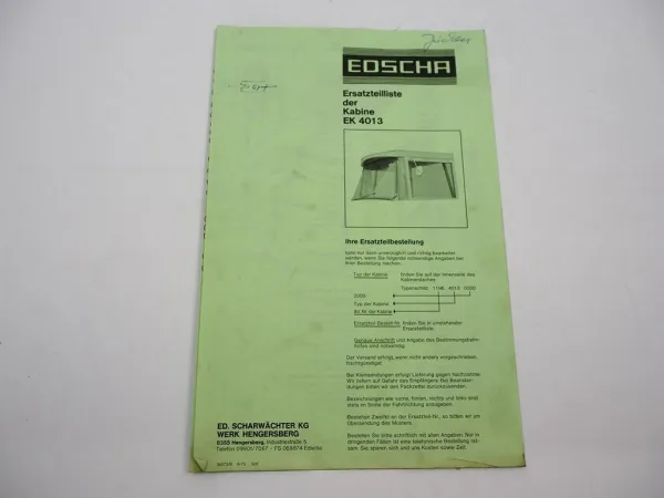 Original Edscha EK 4013 Fahrerhaus Kabine für Schlepper Ersatzteilliste 1975