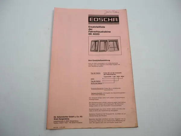 Original Edscha EK 4020 Fahrerhaus Kabine für Schlepper Ersatzteilliste 1976