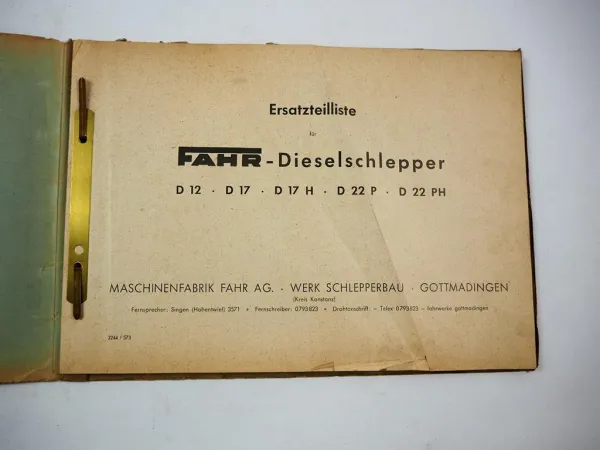 Original Ersatzteilliste Fahr D12 D17 D17H D22P D22PH Dieselschlepper 1957