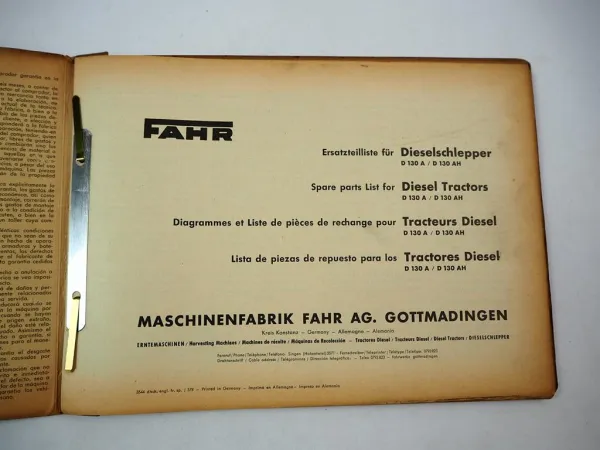 Original Fahr D130 A AH Dieselschlepper mit Motor Güldner 2LD Ersatzteilliste 1957