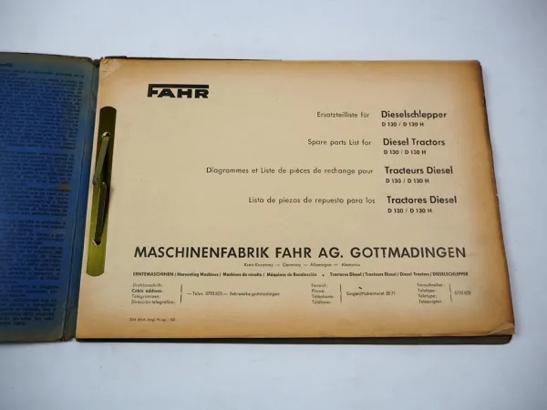 Original Fahr D130 D130H Dieselschlepper mit Motor Güldner 2LD Ersatzteilliste 1956