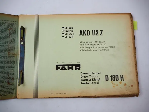 Original Fahr D180H Dieselschlepper mit Motor AKD112Z Ersatzteilliste 1955