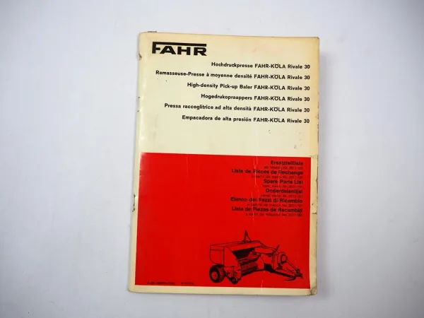 Original Fahr Köla Rivale 30 Hochdruckpresse Ersatzteilliste 10/1971