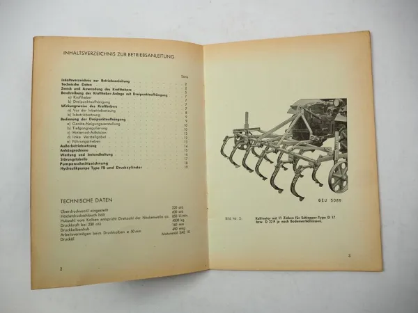 Original Fahr Kraftheber für D12 bis D270H Schlepper Betriebsanleitung 1956